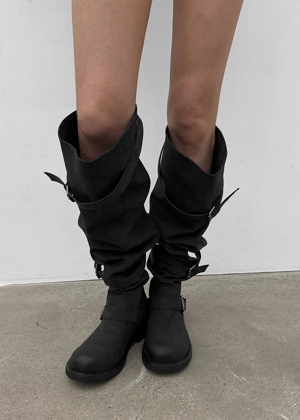 Women’s Distressed Knee High Biker Boots – Slouchy Buckle Boots, Low Heel