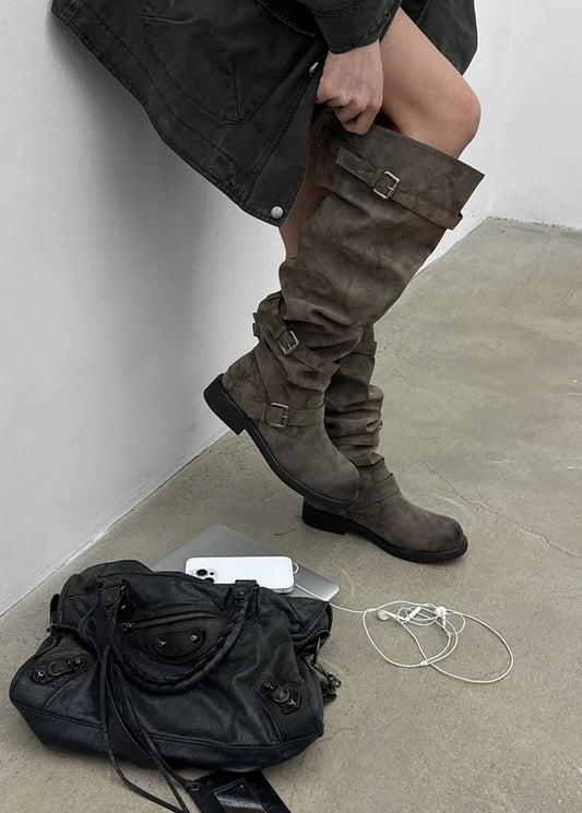 Women’s Distressed Knee High Biker Boots – Slouchy Buckle Boots, Low Heel