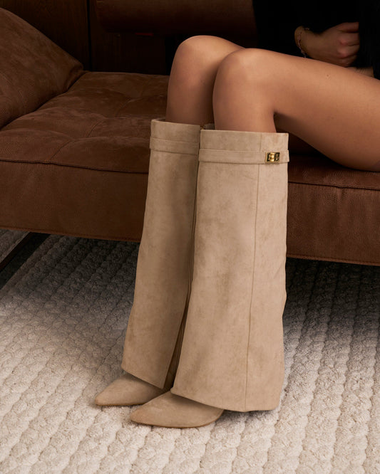 Suede Knee High Boots Beige