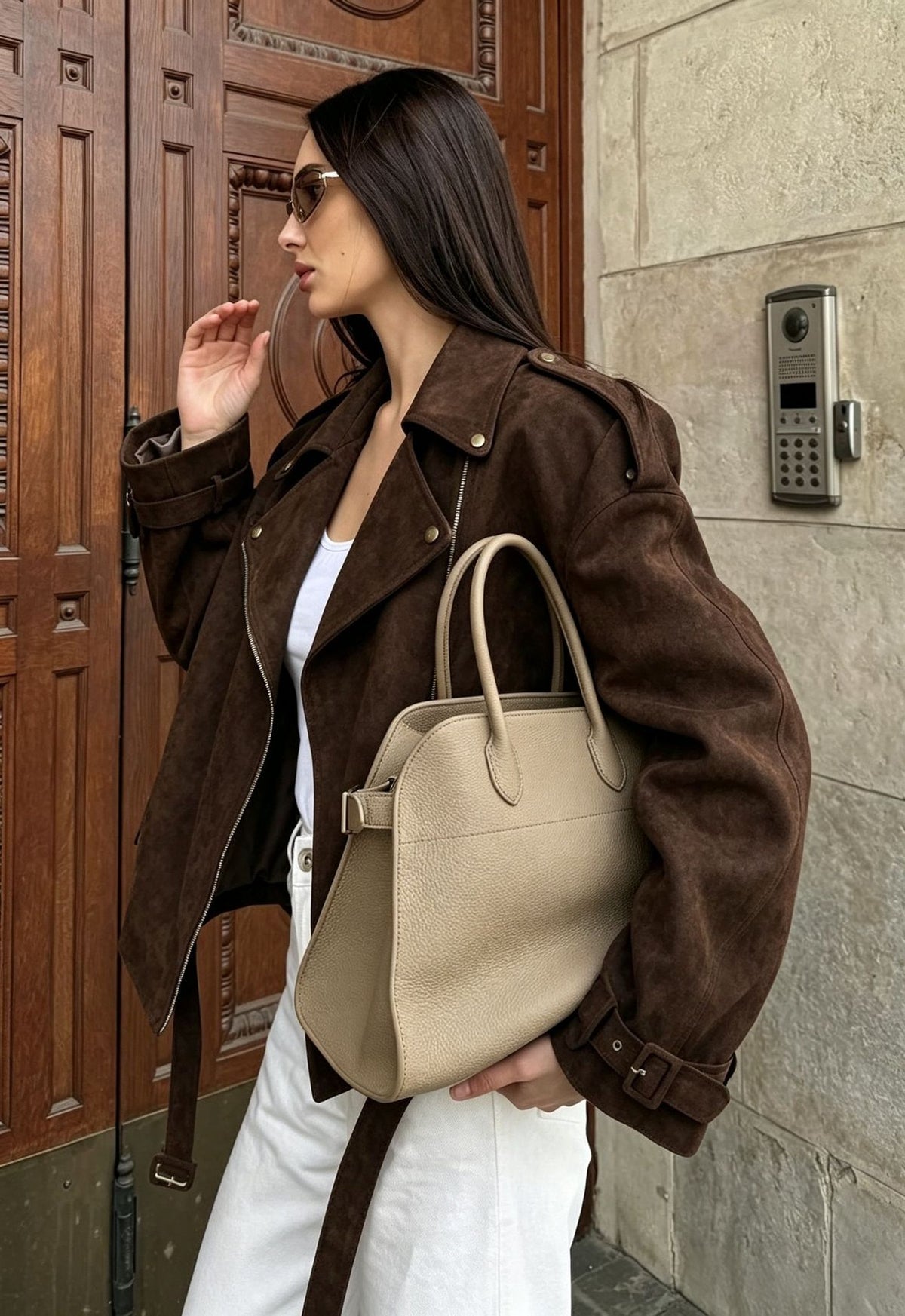 Women’s Oversized Brown Suede Biker Jacket with Belt