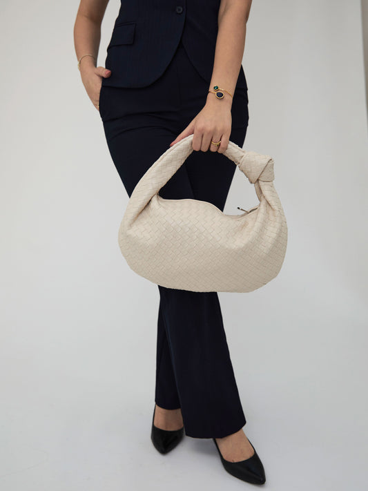 Women's Woven Vegan Leather Shoulder Bag Off White