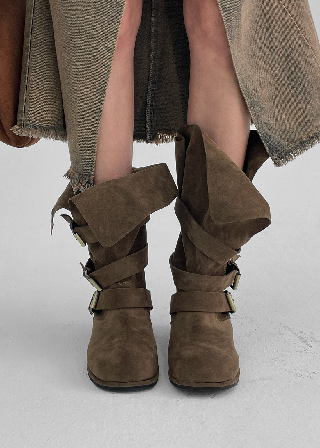 Women's Buckle Folding Suede Mid Boots