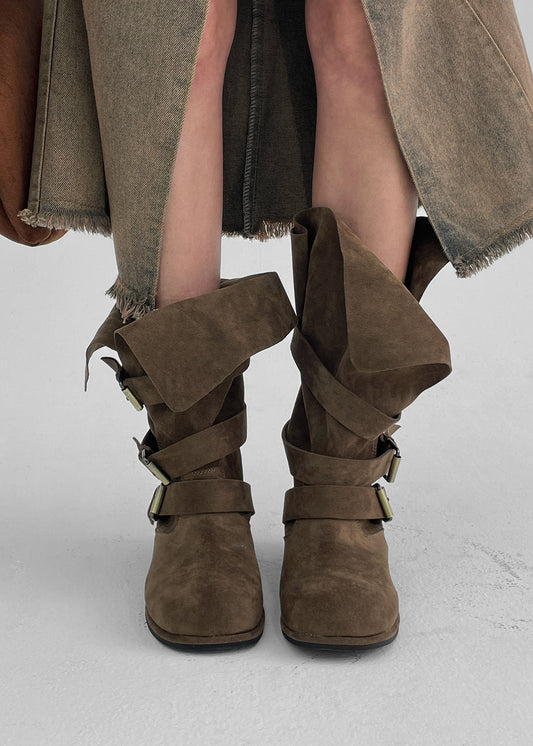 Women's Buckle Folding Suede Mid Boots