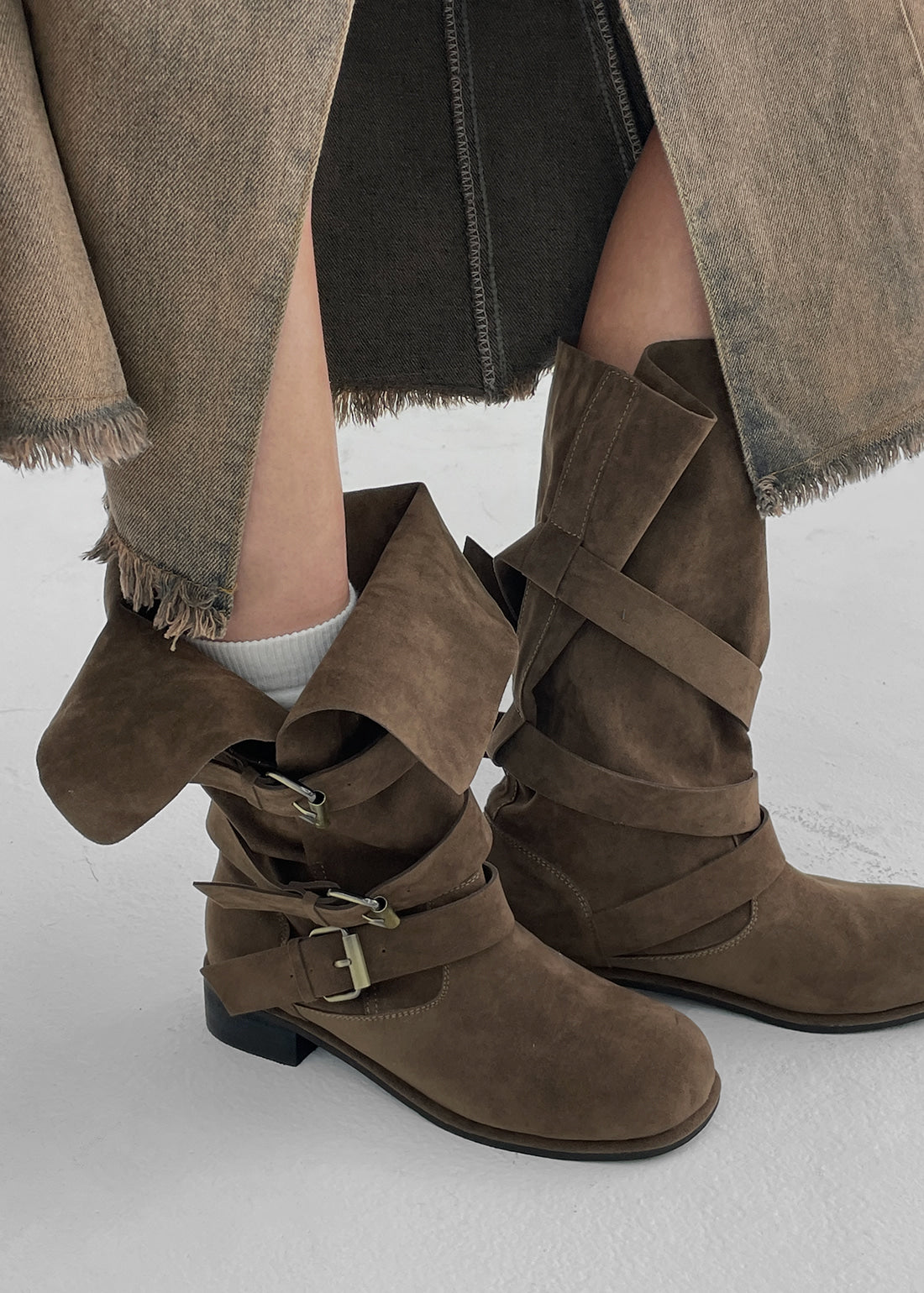 Women's Buckle Folding Suede Mid Boots