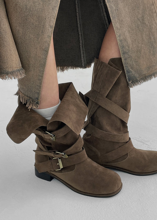 Women's Buckle Folding Suede Mid Boots