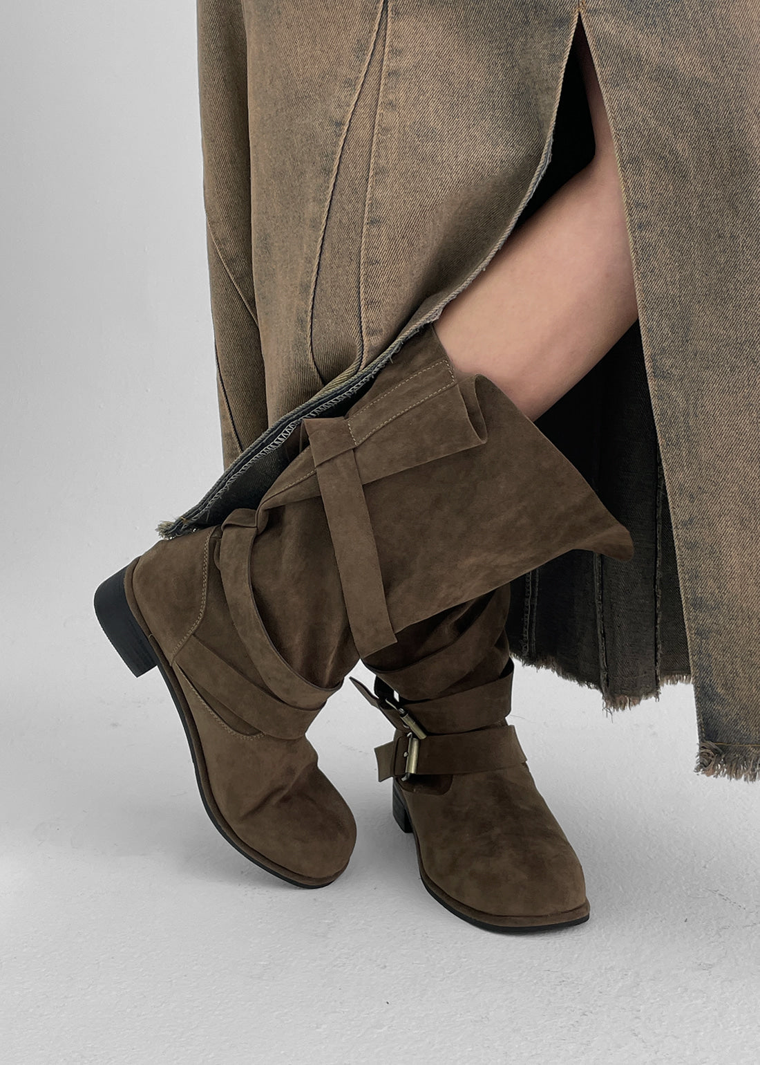 Women's Buckle Folding Suede Mid Boots