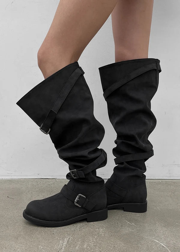 Women’s Distressed Knee High Biker Boots – Slouchy Buckle Boots, Low Heel