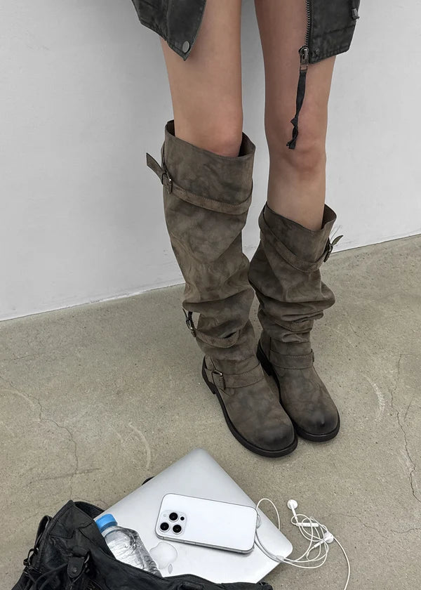 Women’s Distressed Knee High Biker Boots – Slouchy Buckle Boots, Low Heel