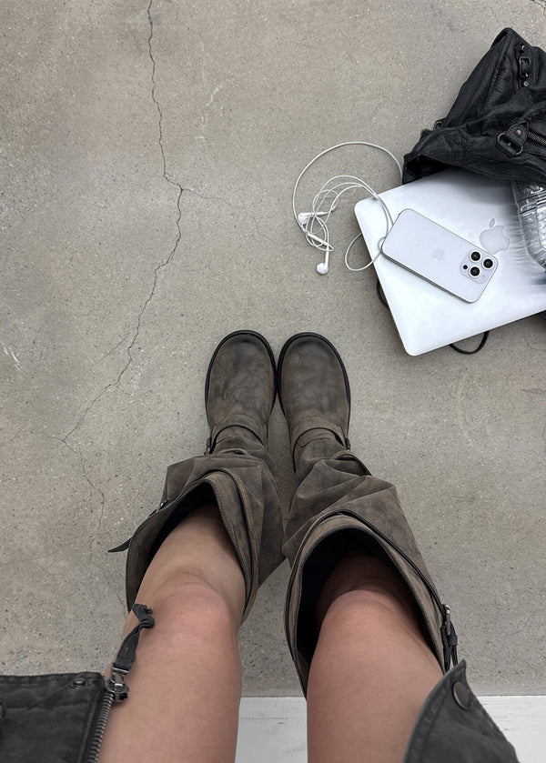 Women’s Distressed Knee High Biker Boots – Slouchy Buckle Boots, Low Heel