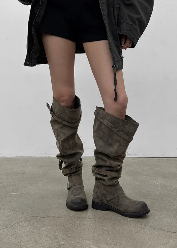 Women’s Distressed Knee High Biker Boots – Slouchy Buckle Boots, Low Heel