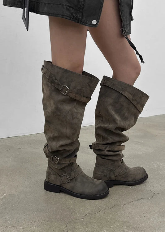 Women’s Distressed Knee High Biker Boots – Slouchy Buckle Boots, Low Heel