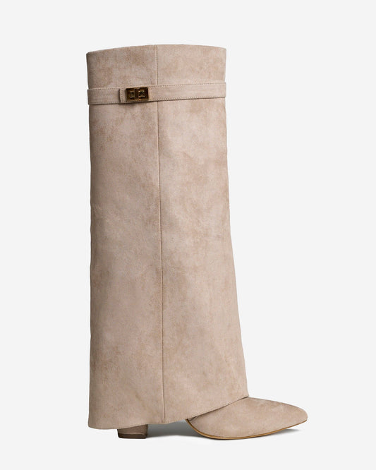 Suede Knee High Boots Beige