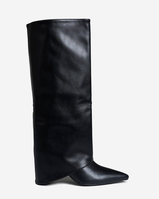 Women's 2 in 1 Knee & Ankle Leather Boots Pointed Toe Black