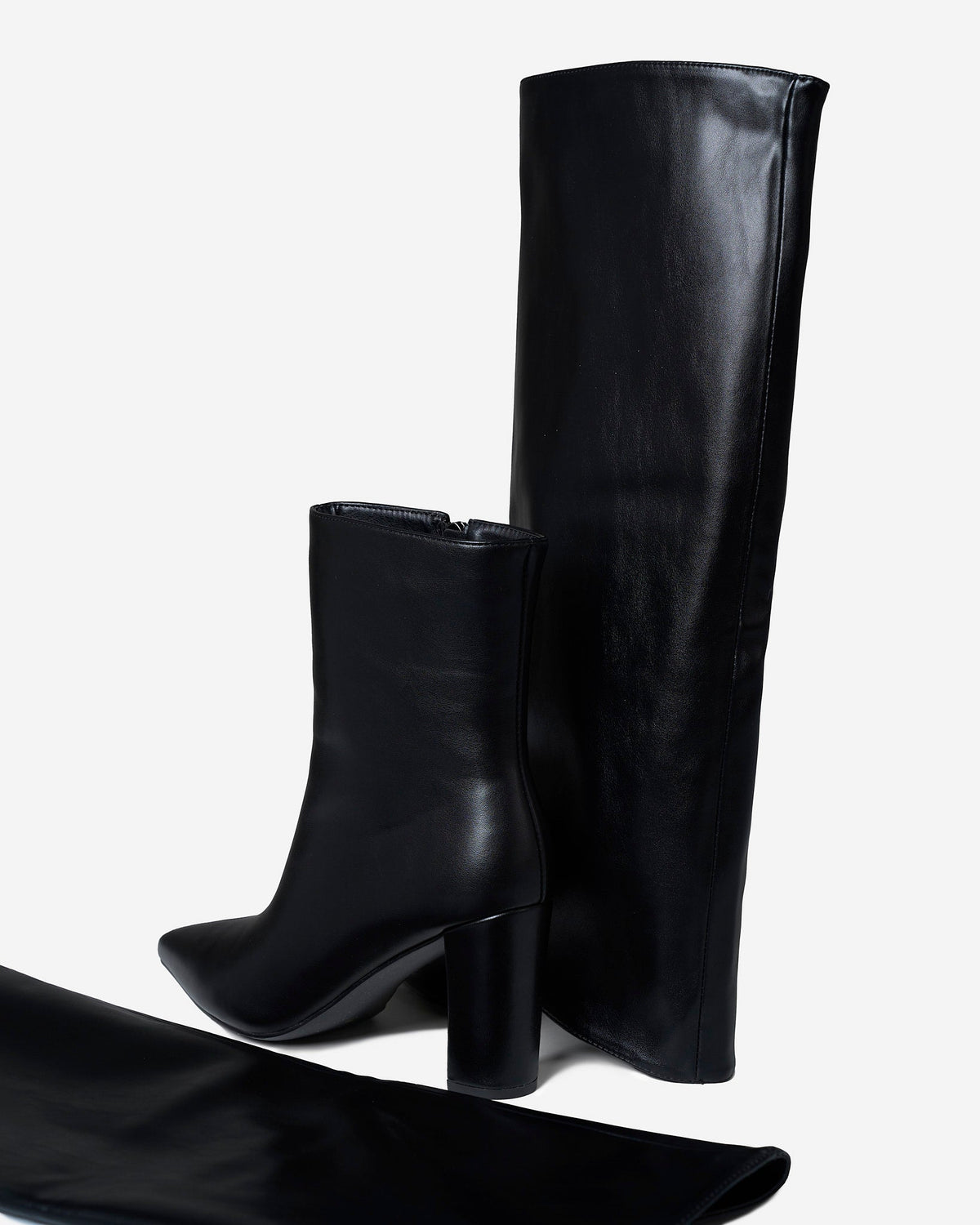 Women's 2 in 1 Knee & Ankle Leather Boots Pointed Toe Black