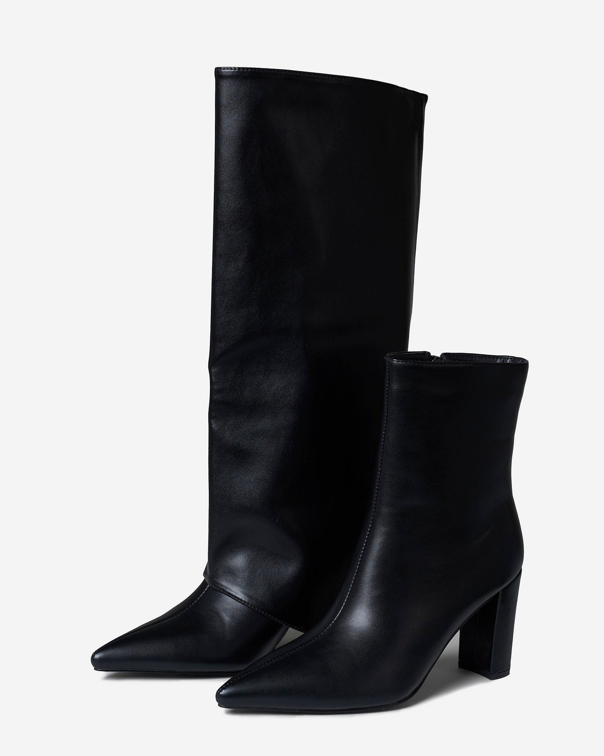 Women's 2 in 1 Knee & Ankle Leather Boots Pointed Toe Black