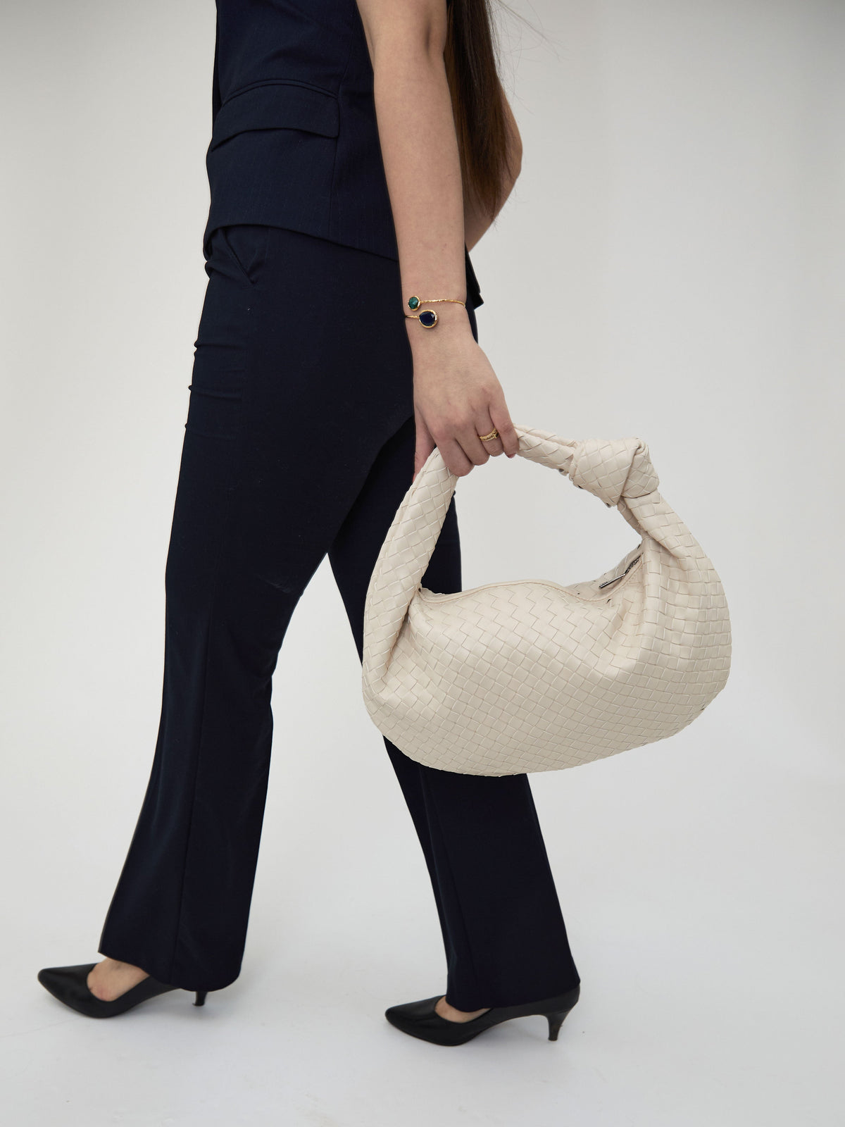 Women's Woven Vegan Leather Shoulder Bag Off White
