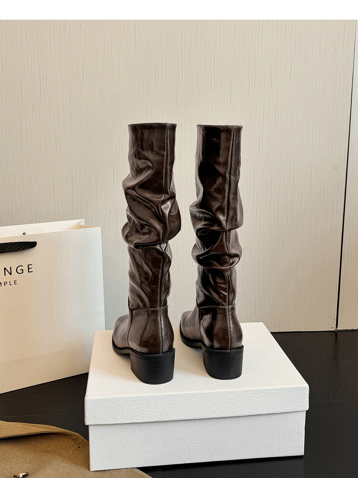 Women’s Knee High Leather Slouch Boots – Square Toe 2″ Block Heel, Black & Brown