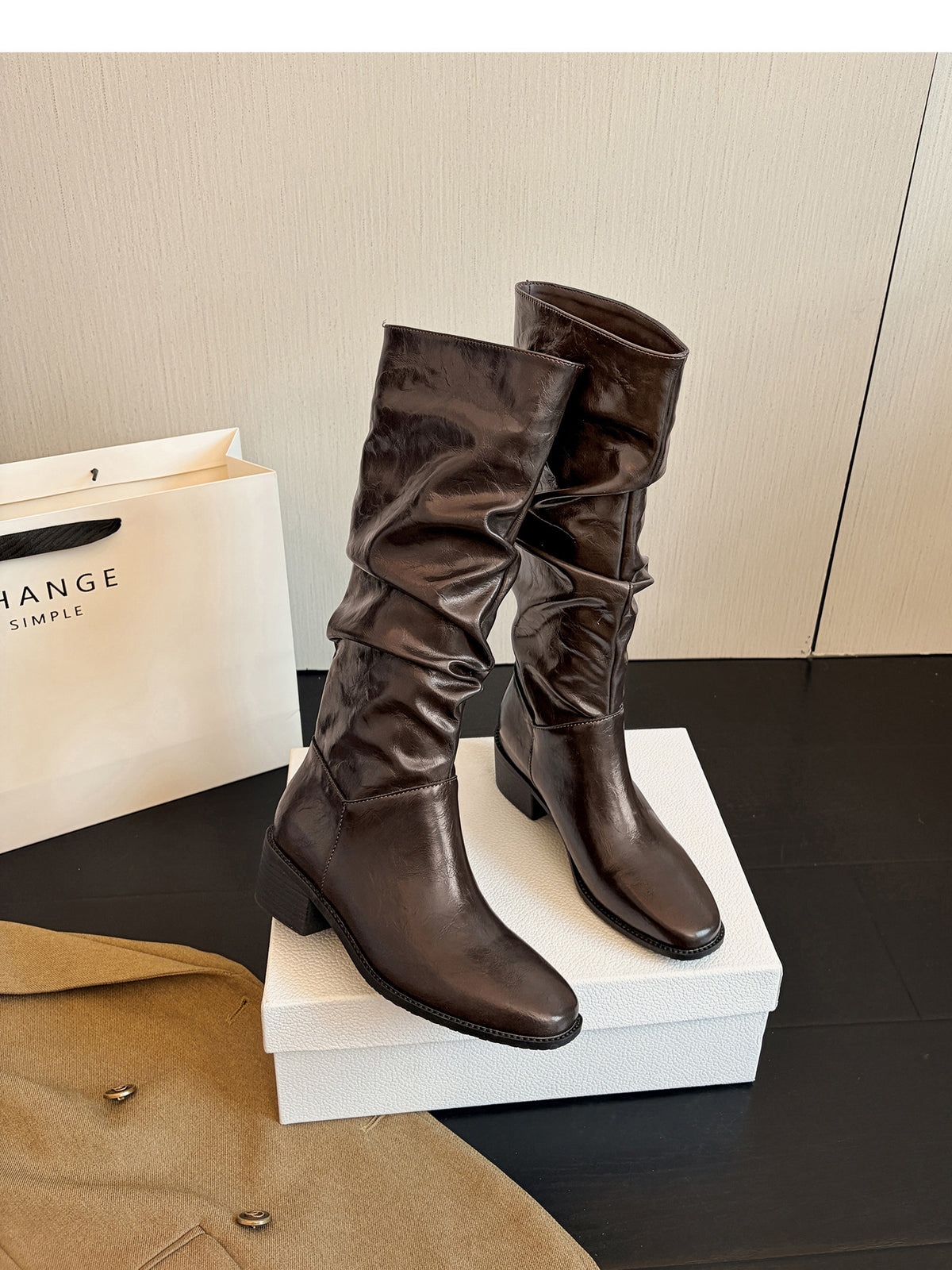 Women’s Knee High Leather Slouch Boots – Square Toe 2″ Block Heel, Black & Brown