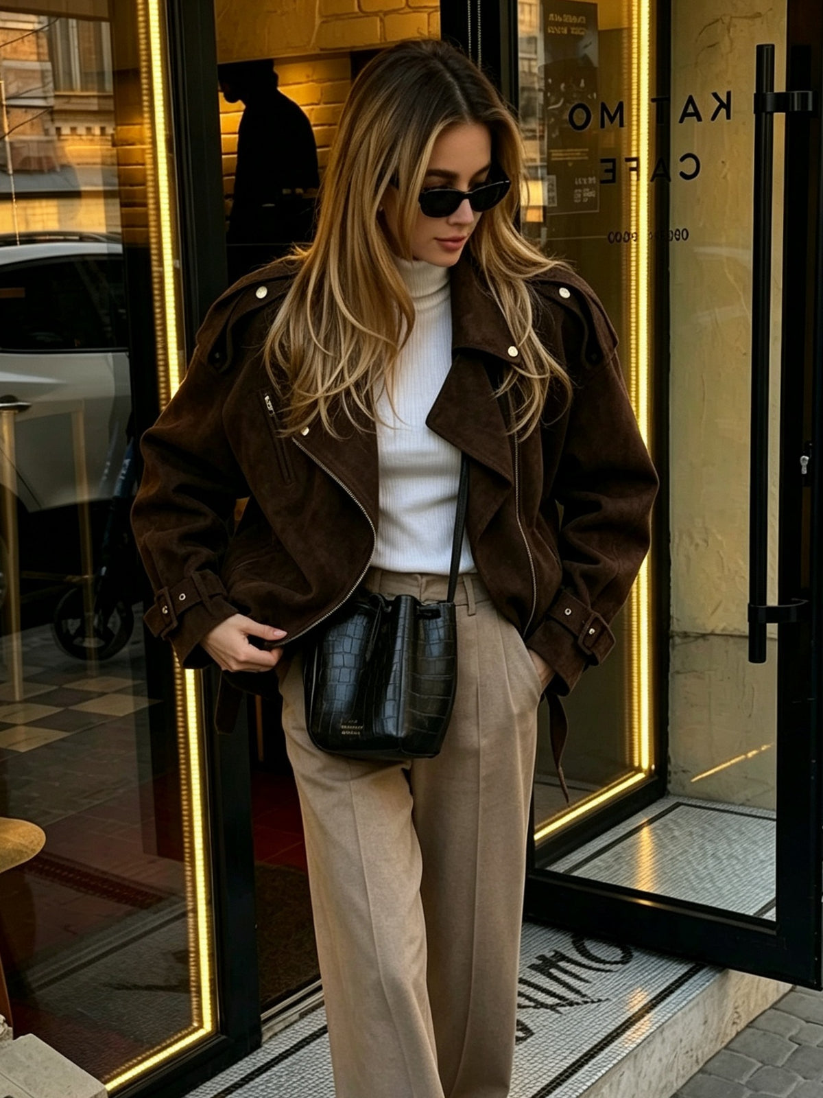 Women’s Oversized Brown Suede Biker Jacket with Belt