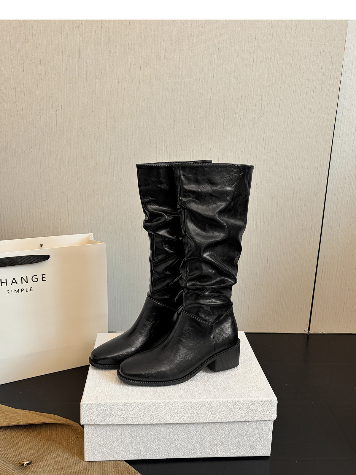 Women’s Knee High Leather Slouch Boots – Square Toe 2″ Block Heel, Black & Brown