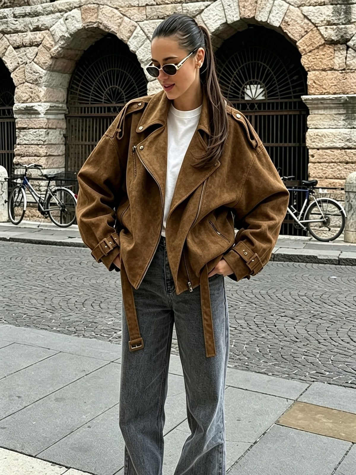 Women’s Oversized Brown Suede Biker Jacket with Belt