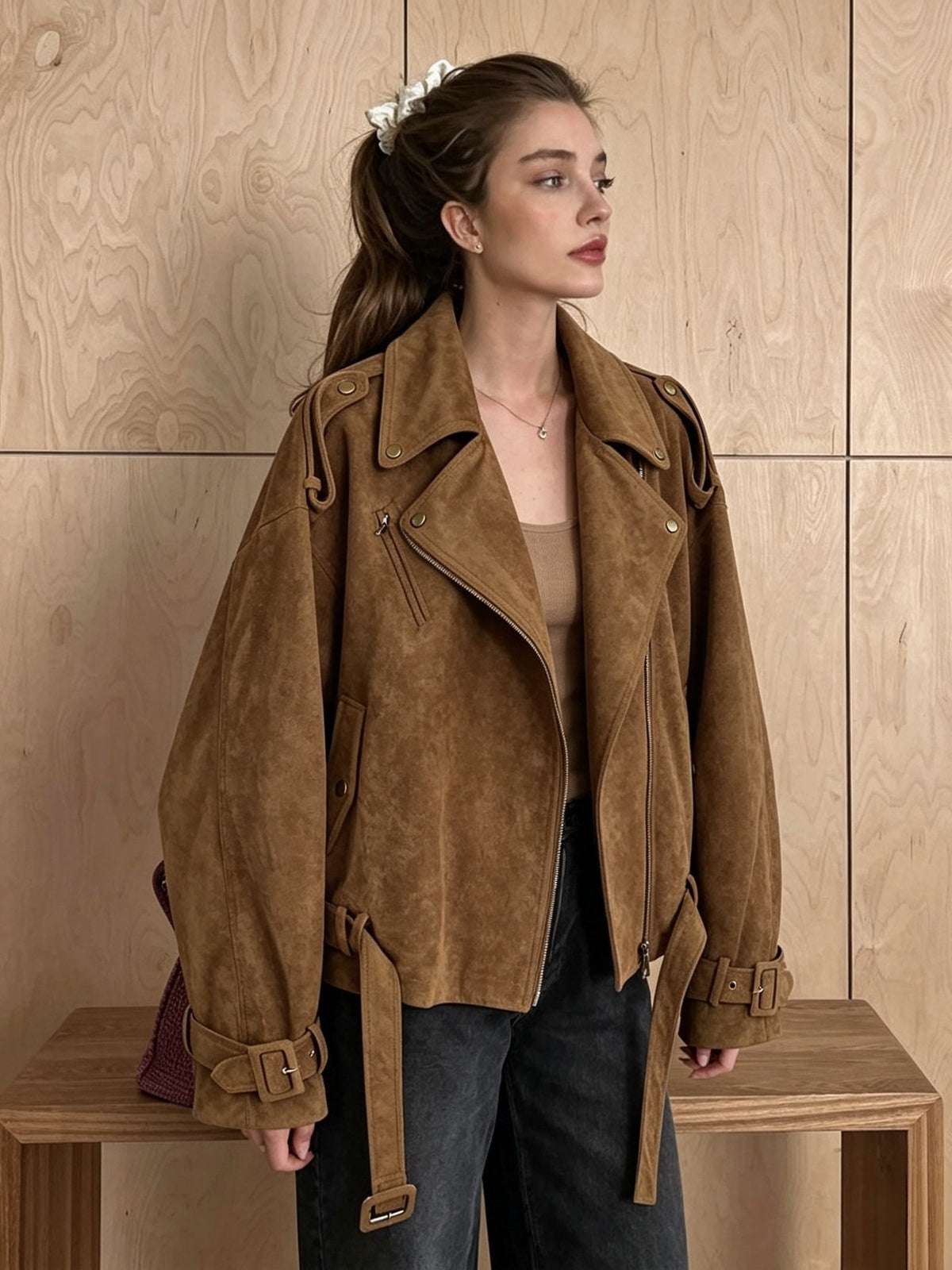Women’s Oversized Brown Suede Biker Jacket with Belt
