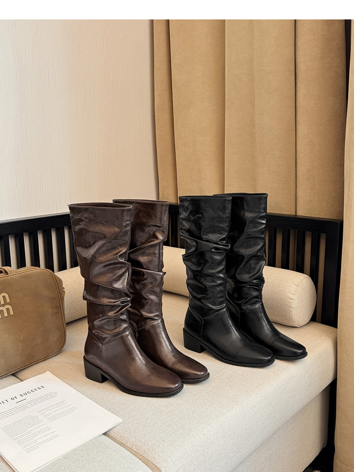 Women’s Knee High Leather Slouch Boots – Square Toe 2″ Block Heel, Black & Brown