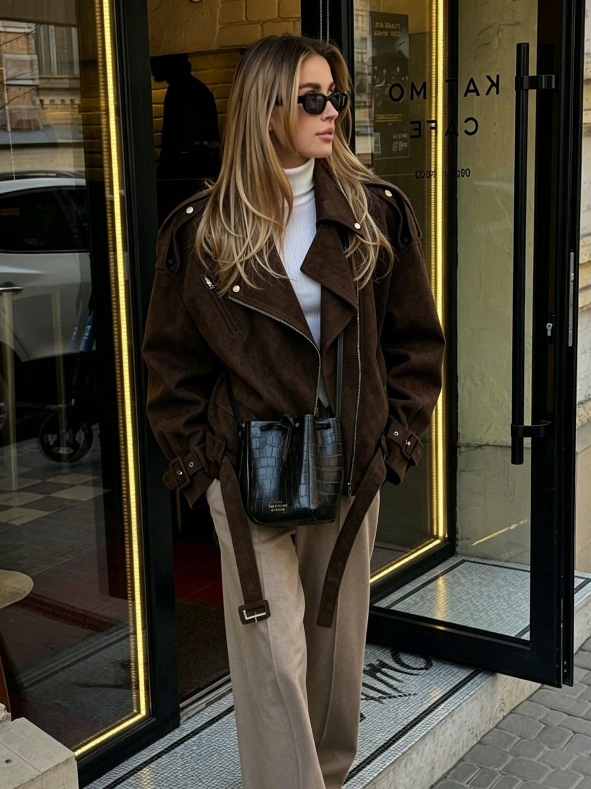 Women’s Oversized Brown Suede Biker Jacket with Belt