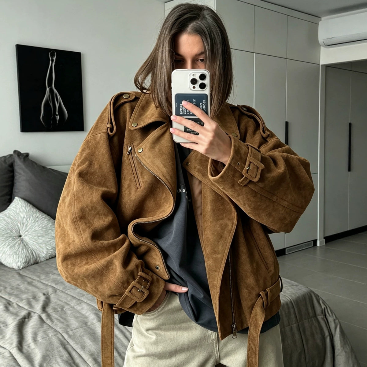 Women's Retro Suede Biker Flight Jacket
