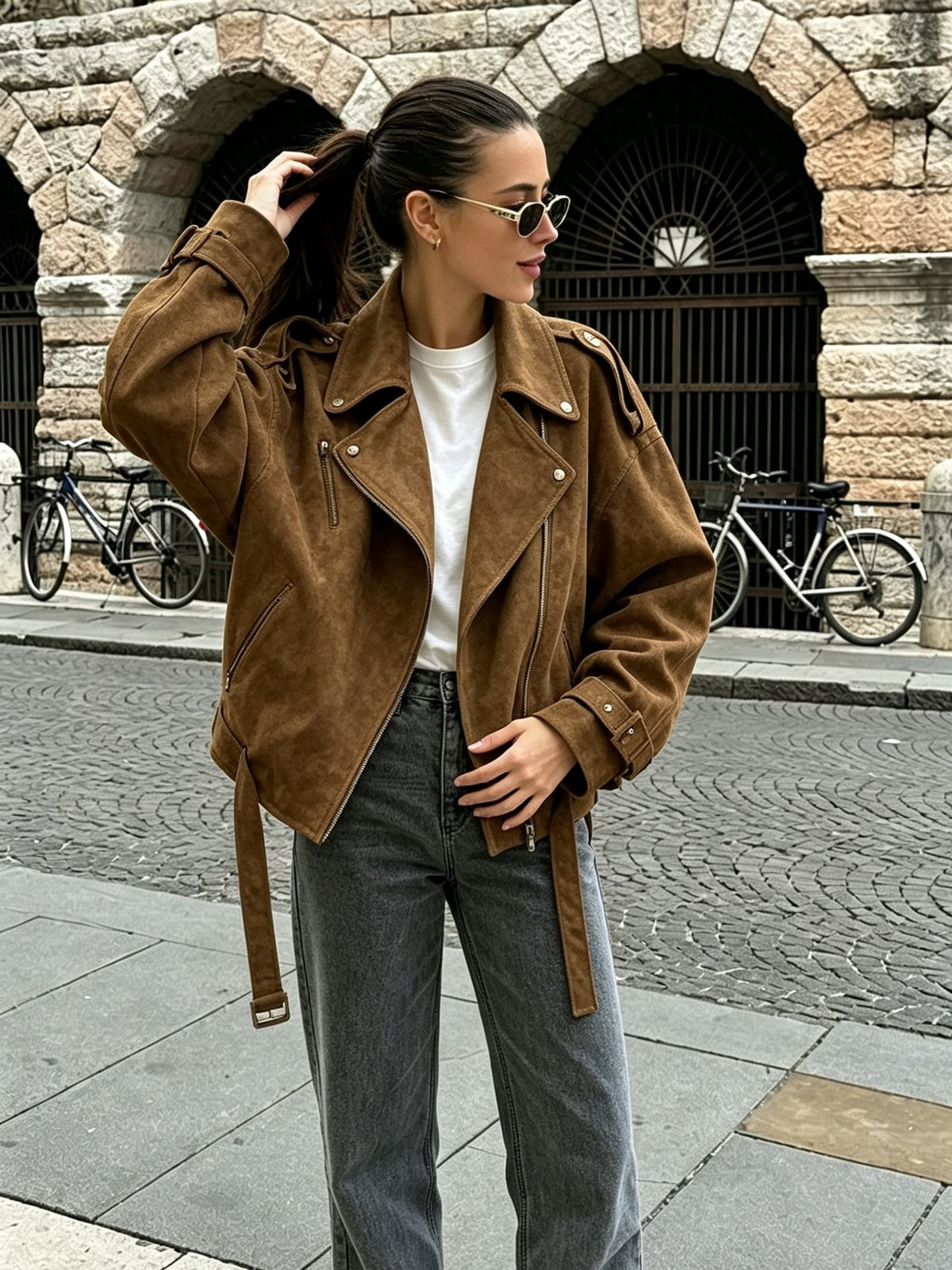 Women’s Oversized Brown Suede Biker Jacket with Belt