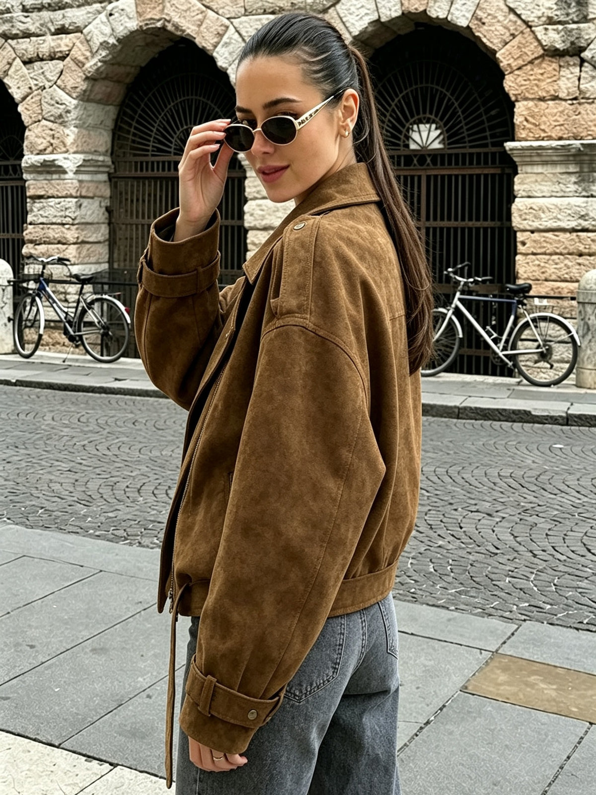 Women’s Oversized Brown Suede Biker Jacket with Belt