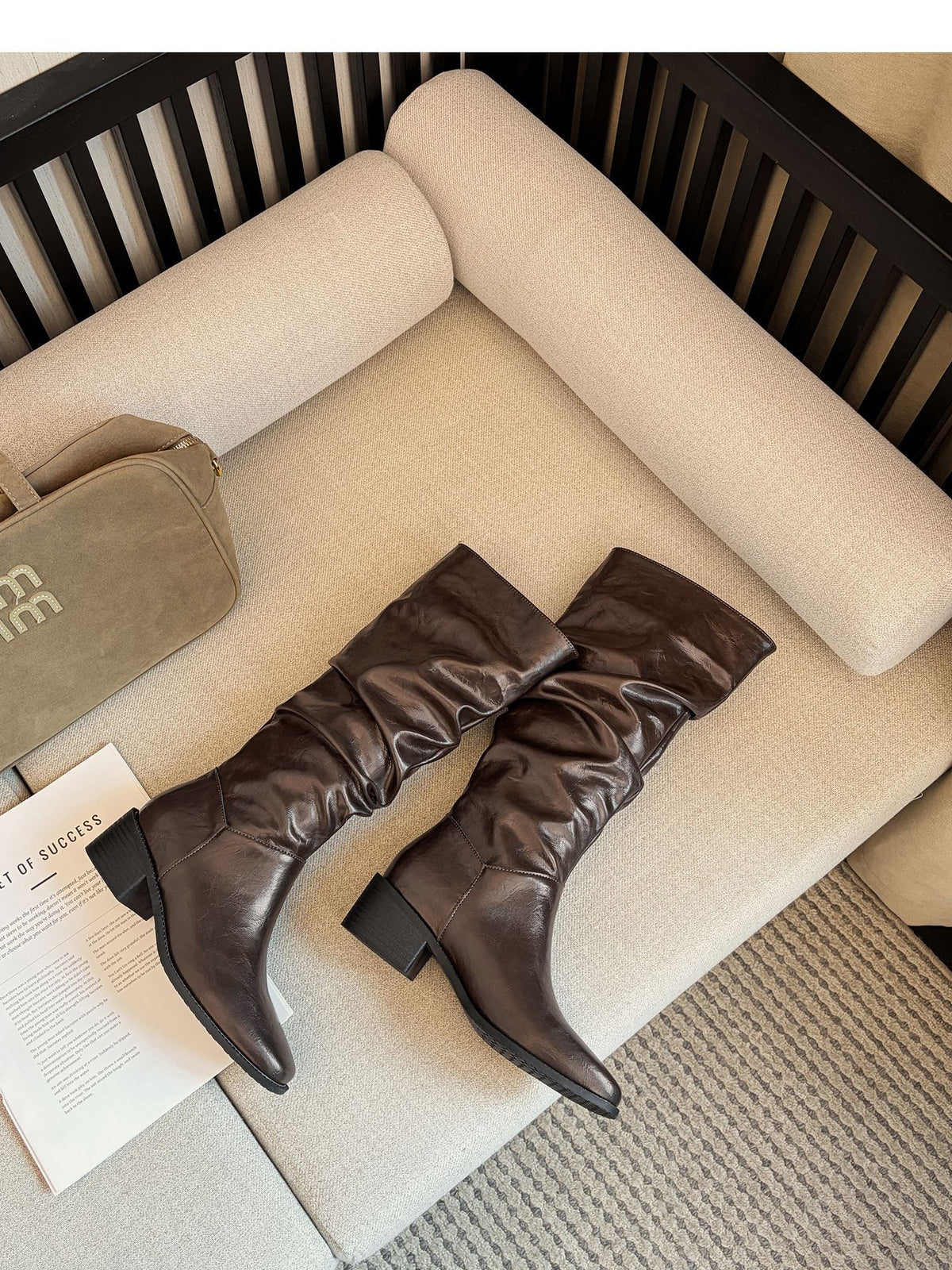 Women’s Knee High Leather Slouch Boots – Square Toe 2″ Block Heel, Black & Brown