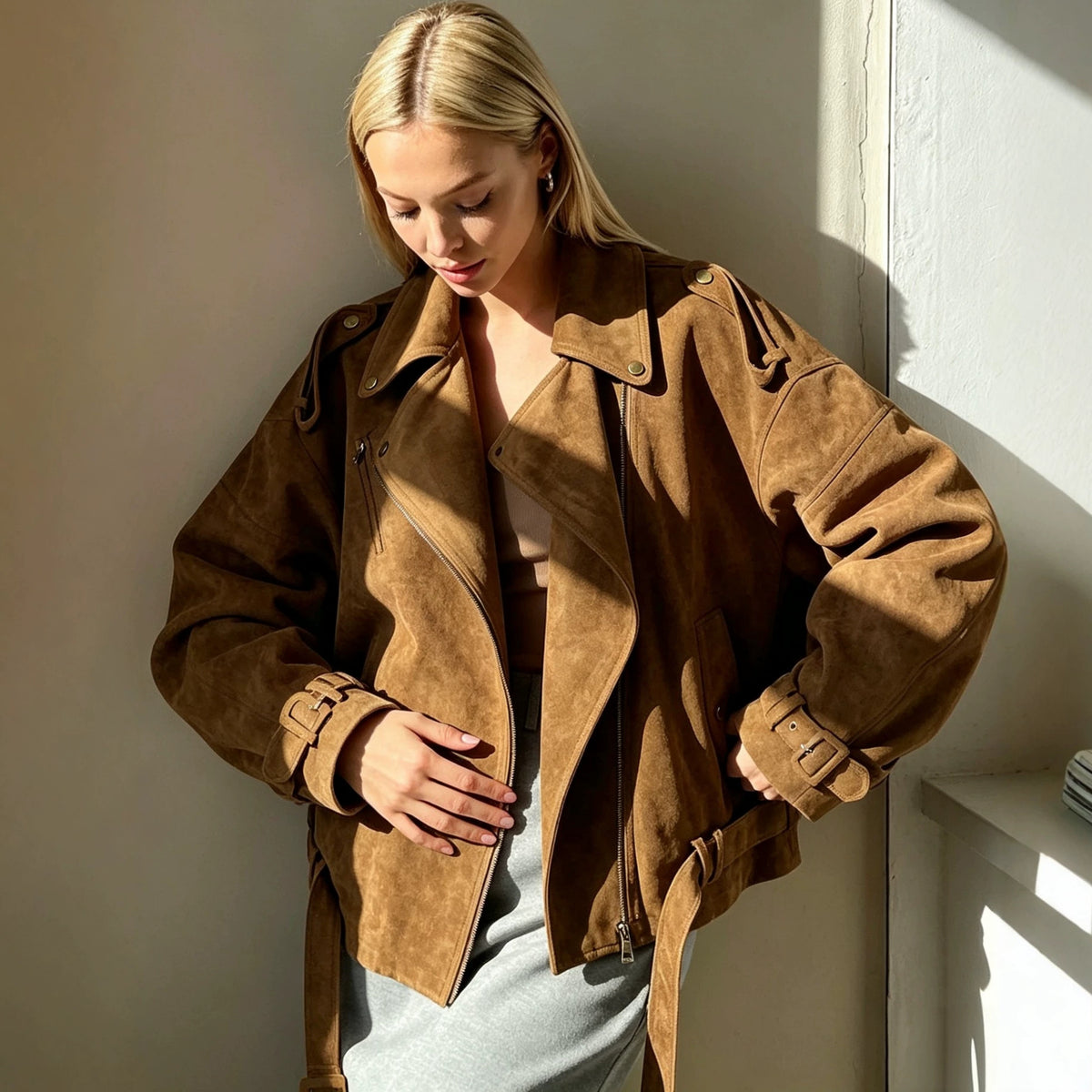 Women's Retro Suede Biker Flight Jacket