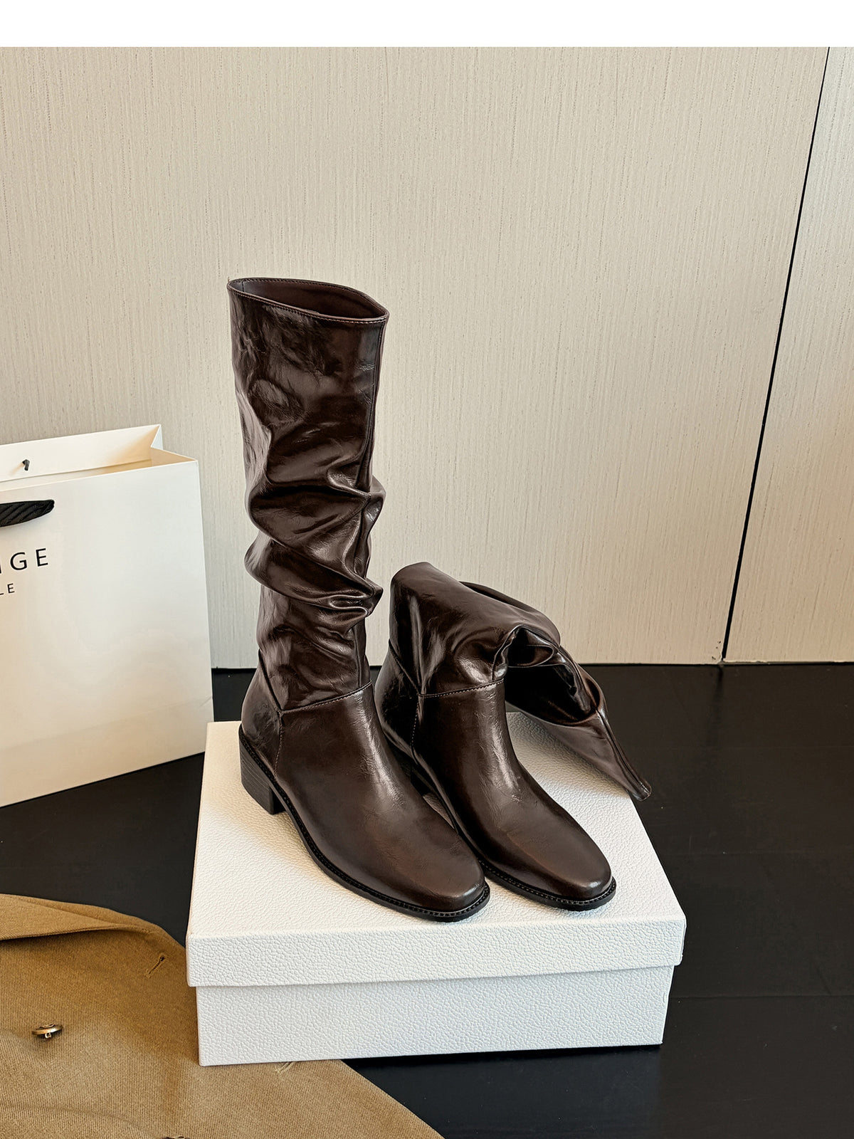 Women’s Knee High Leather Slouch Boots – Square Toe 2″ Block Heel, Black & Brown