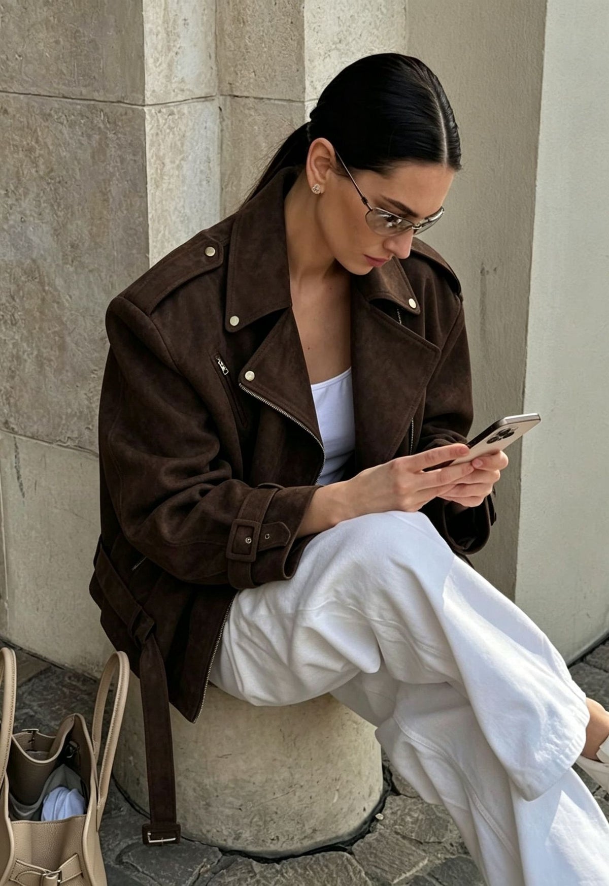 Women’s Oversized Brown Suede Biker Jacket with Belt