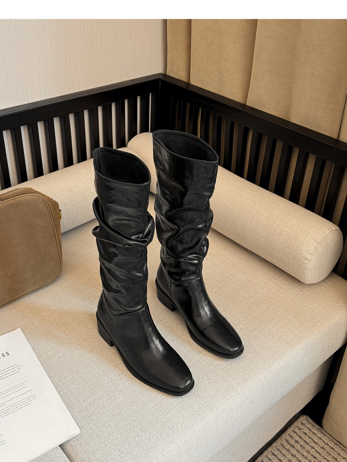 Women’s Knee High Leather Slouch Boots – Square Toe 2″ Block Heel, Black & Brown