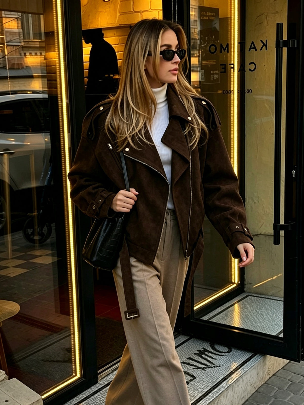 Women’s Oversized Brown Suede Biker Jacket with Belt