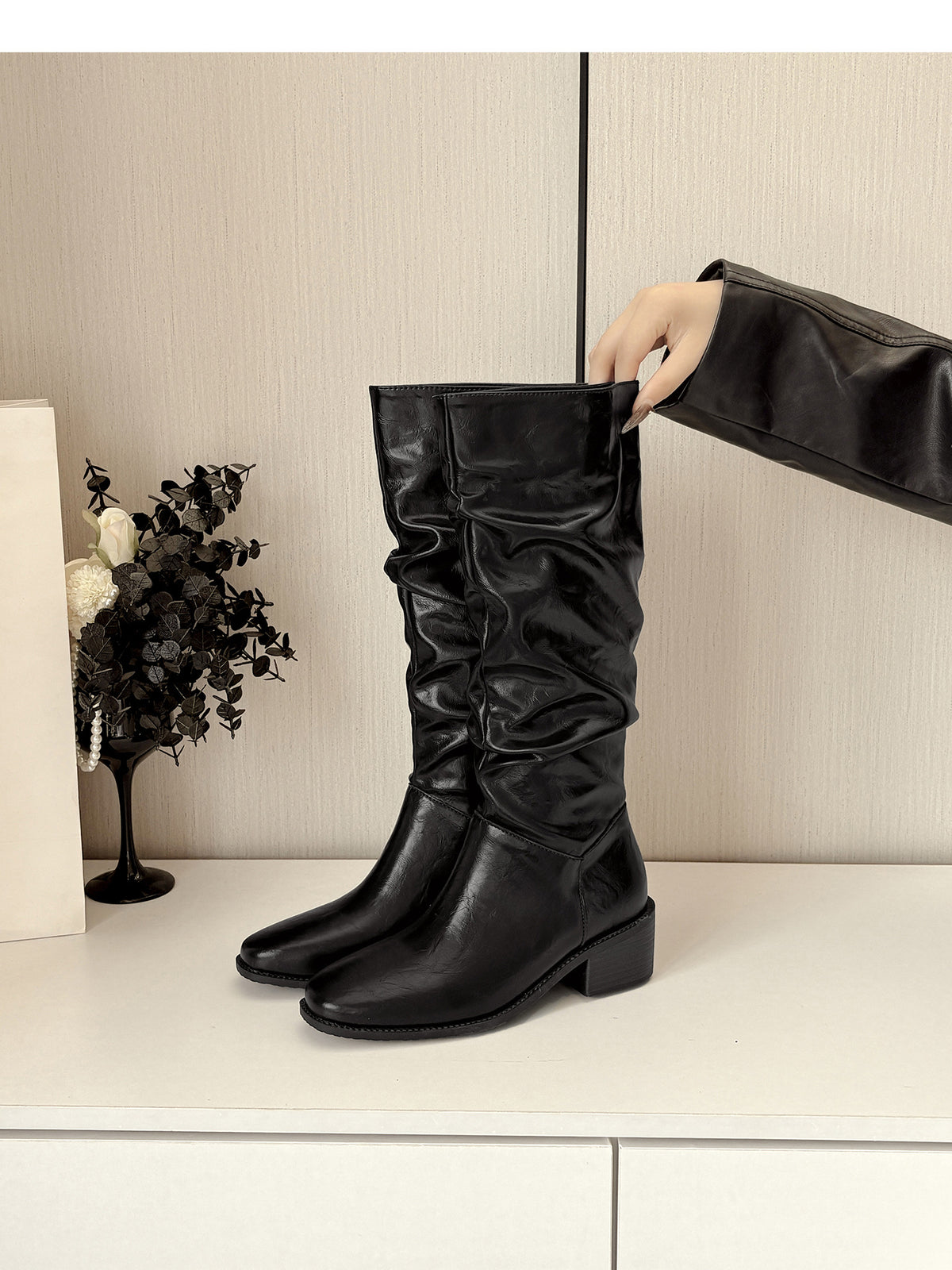 Women’s Knee High Leather Slouch Boots – Square Toe 2″ Block Heel, Black & Brown