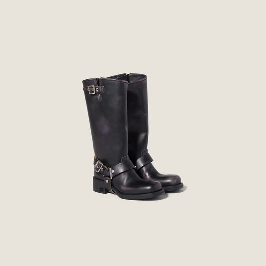 Women’s Knee High Riding Boots – Buckle Harness, Low Block Heel