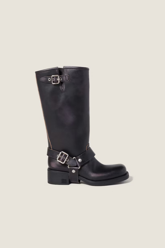 Women’s Knee High Riding Boots – Buckle Harness, Low Block Heel
