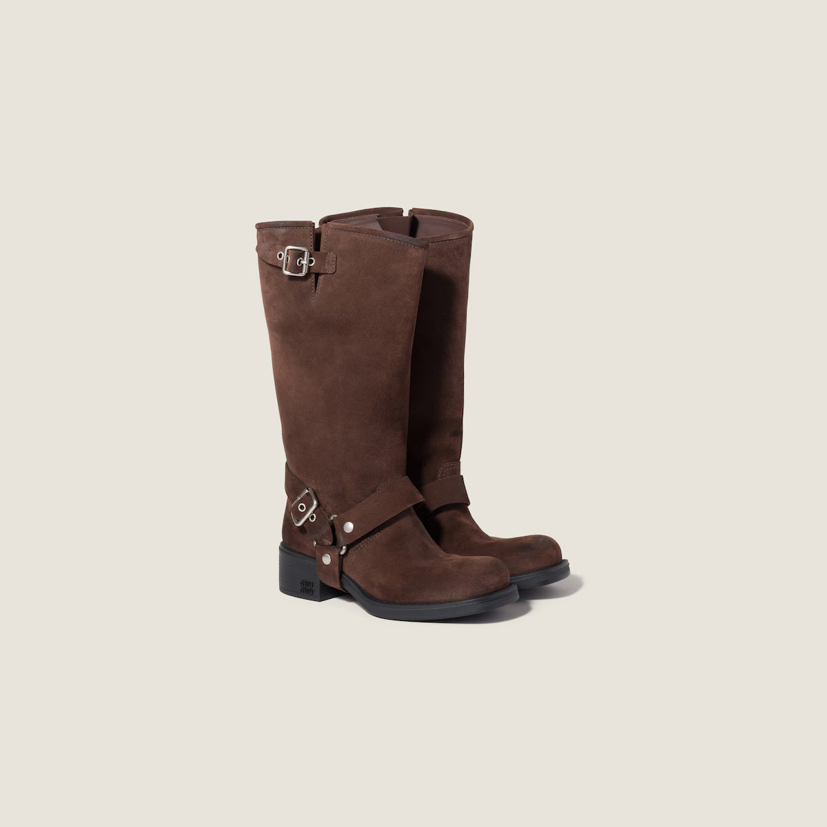 Women’s Knee High Riding Boots – Buckle Harness, Low Block Heel