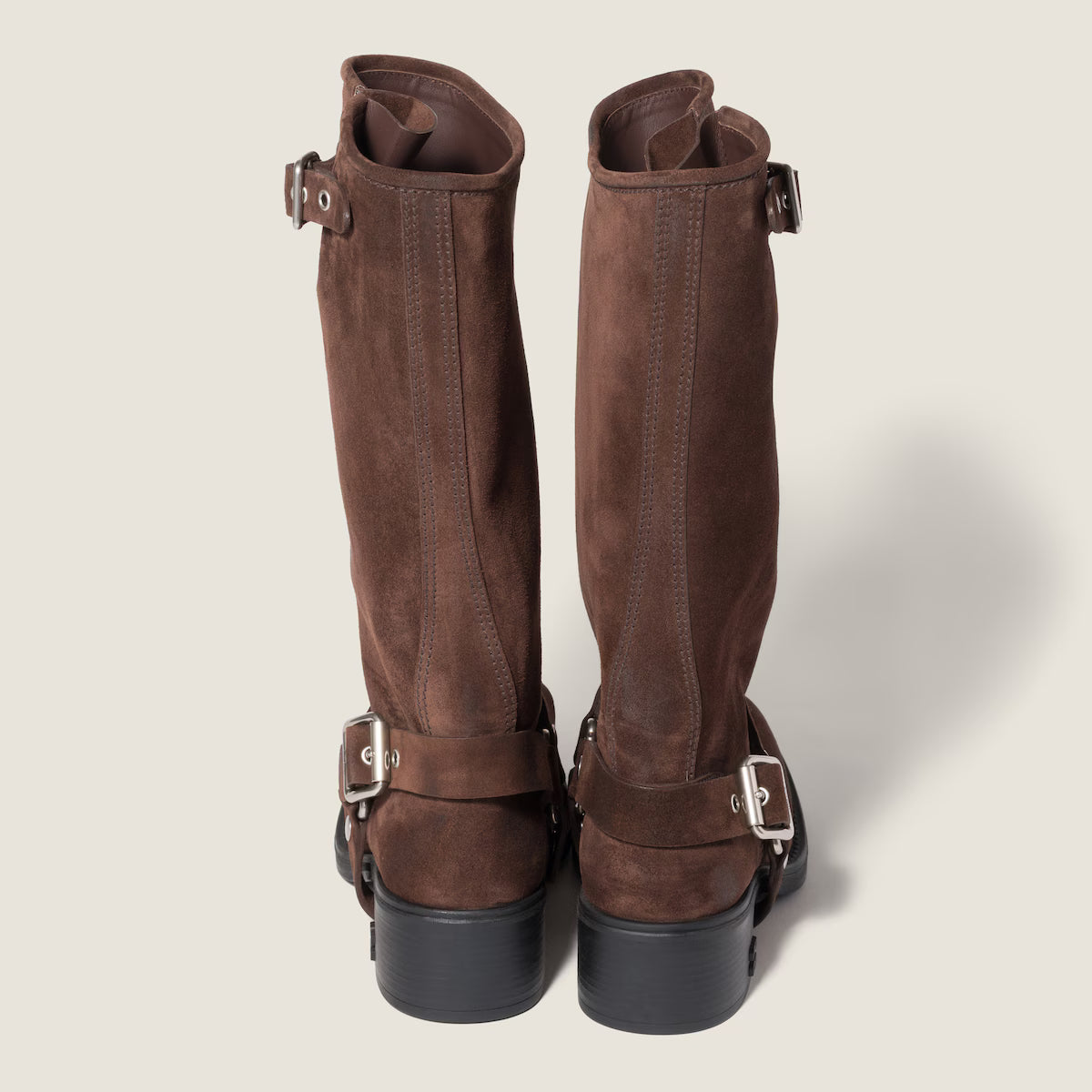 Women’s Knee High Riding Boots – Buckle Harness, Low Block Heel