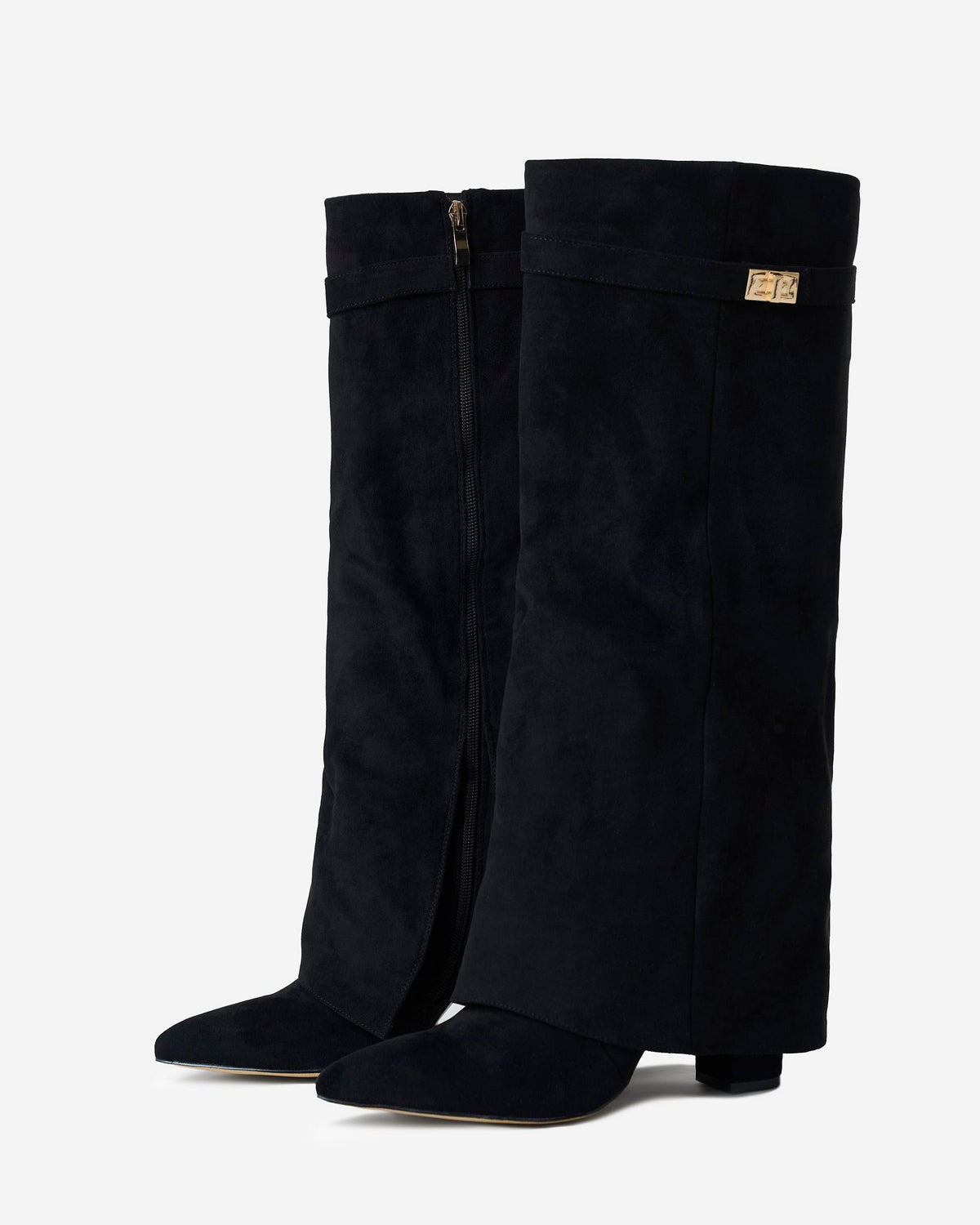 Women's Suede Knee High Boots Fold Over Buckle