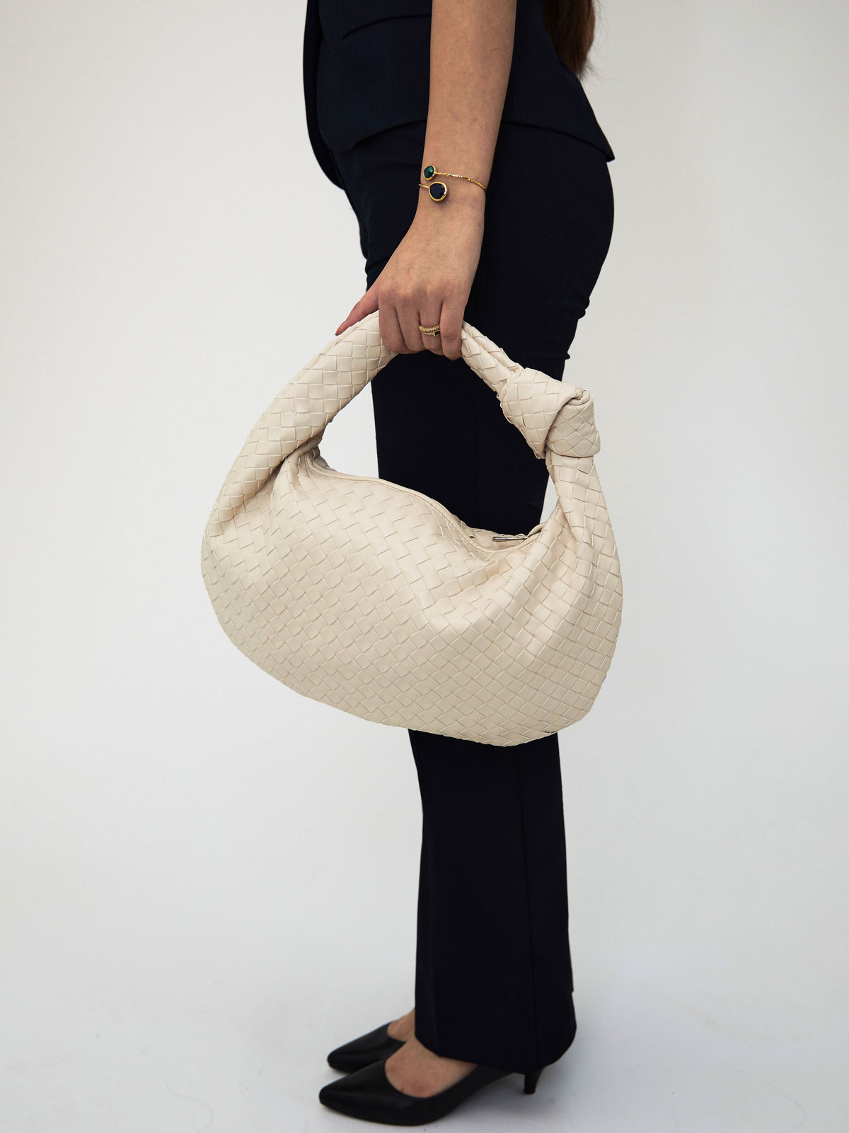 Women's Woven Vegan Leather Shoulder Bag Off White