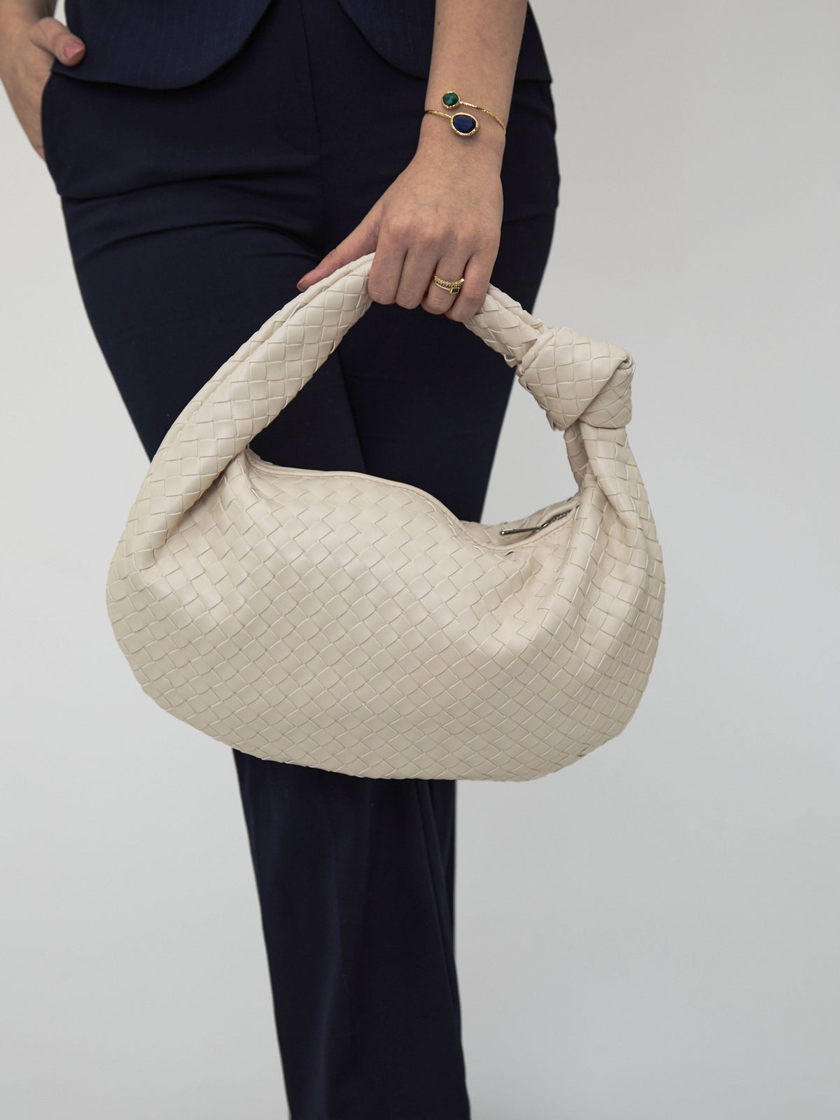 Women's Woven Vegan Leather Shoulder Bag Off White